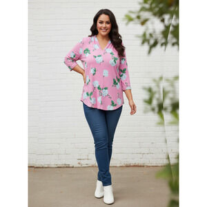 Women Top Charter Club Floral-Print 3/4 Sleeve Knit Top Size L Pink